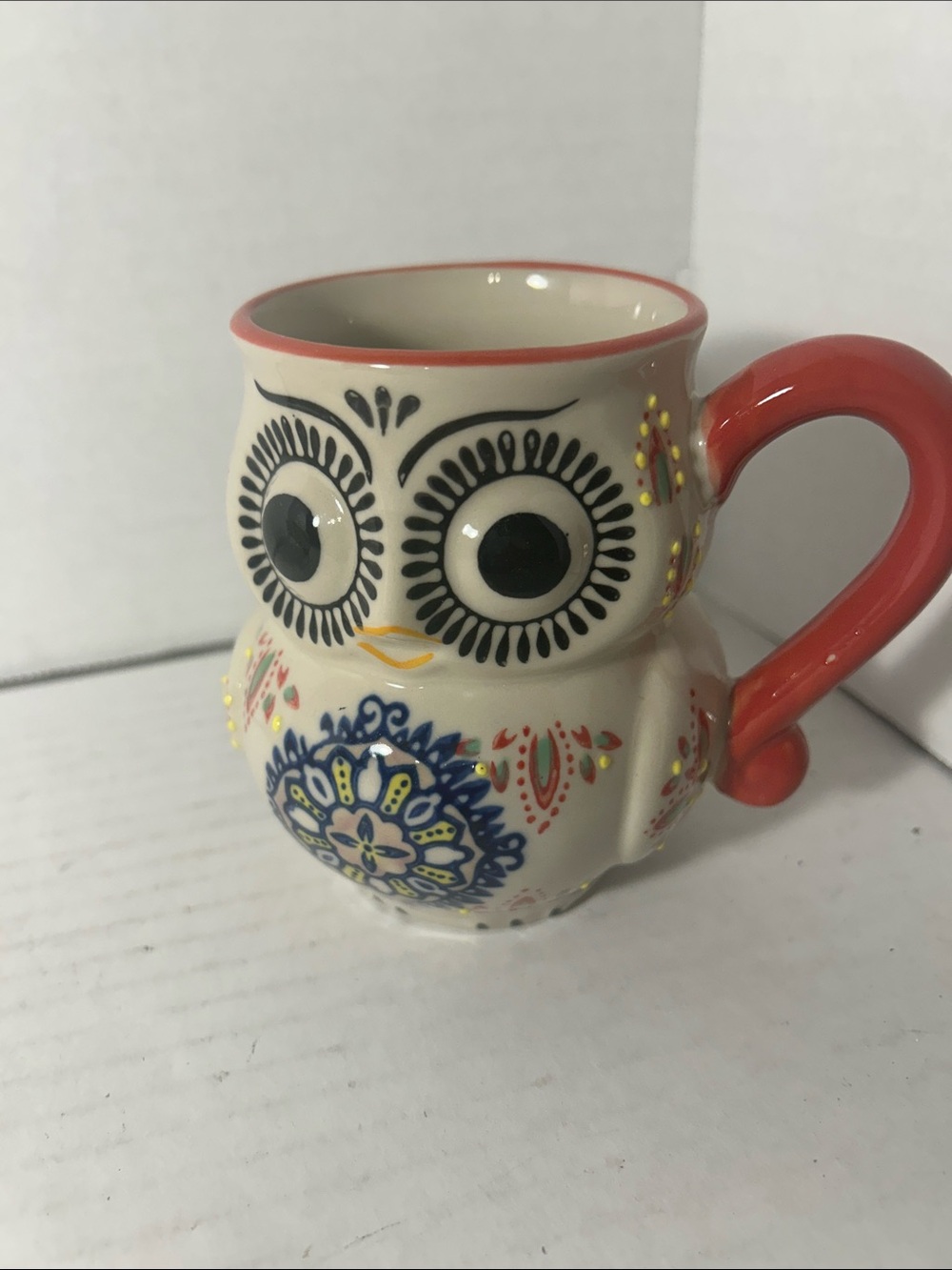 Ceramic Owl Mug in Cream with Coral Handle